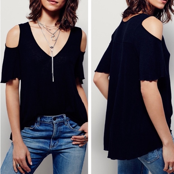 Free People Bittersweet Black Cold Shoulder Tee S - Picture 1 of 5
